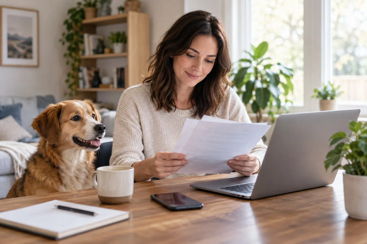Owner reviewing papers and a laptop beside a dog